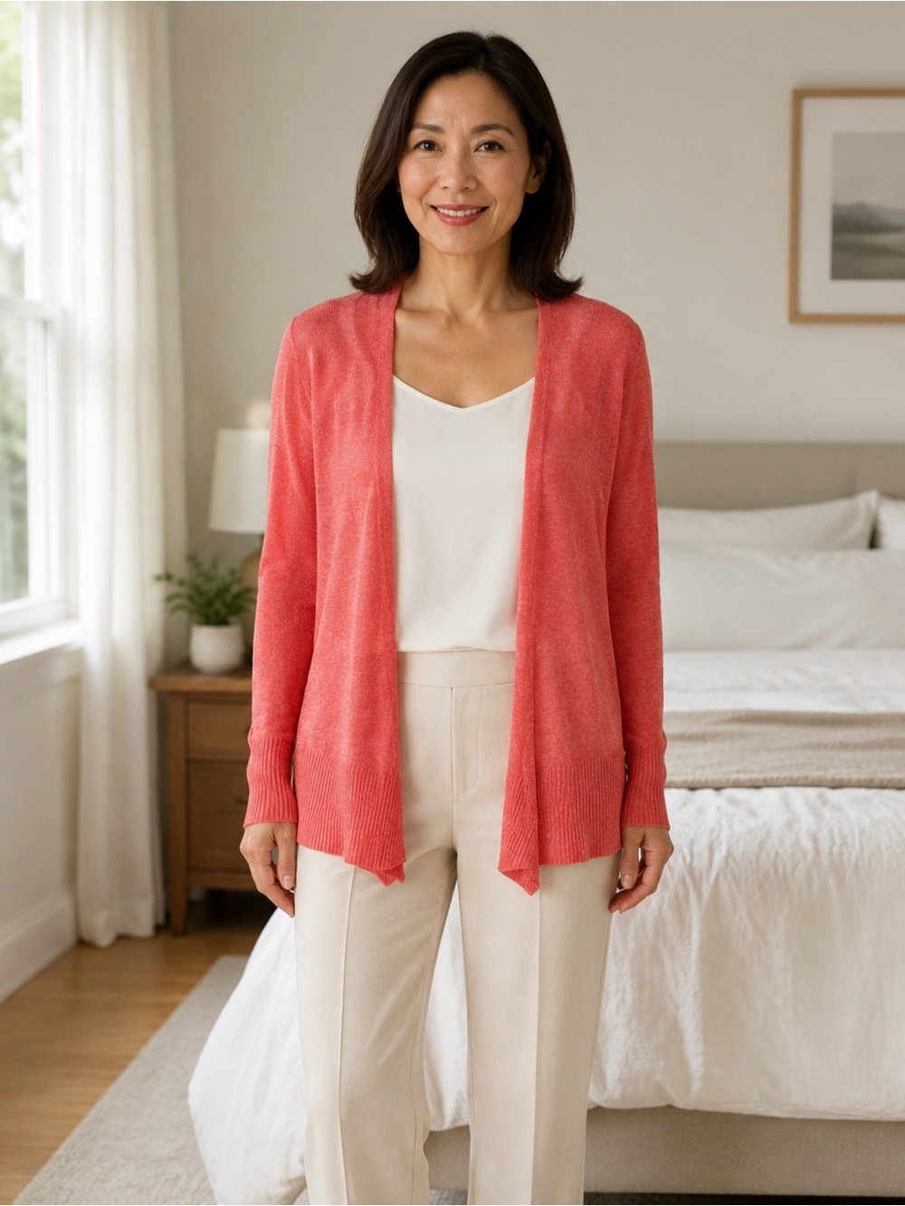 Eileen Fisher Women’s PM Petite Coral 100% Linen Open Front Cardigan Sweater